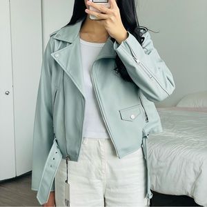 NWT Zara faux leather moto jacket in sky blue